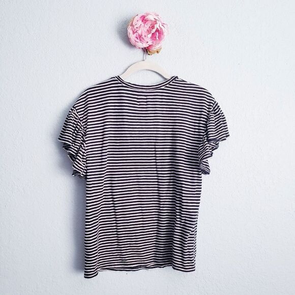 La Vie Rebecca Taylor Black and White Striped V-neck Ruffle Tee - Picture 6 of 6